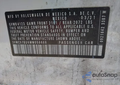 2021 Volkswagen Jetta 1.4T R-Line/1.4T S/1.4T Se из США, поврежденный, VIN 3VWC57BU6MM058668